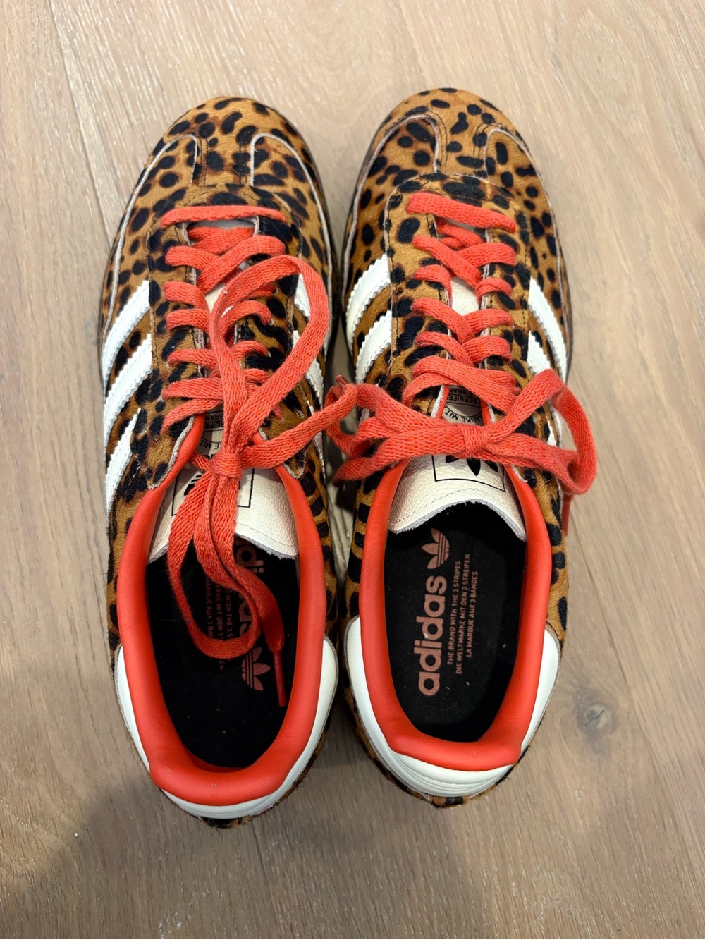 Adidas Cheetah Print Samba Sneakers with White Stripes and Red Laces/Detail